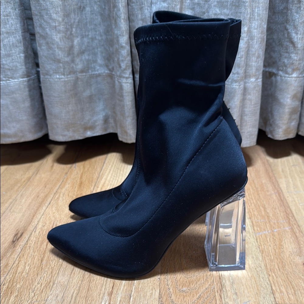 Fashion Nova Black Heeled Boots with Clear Block Heel